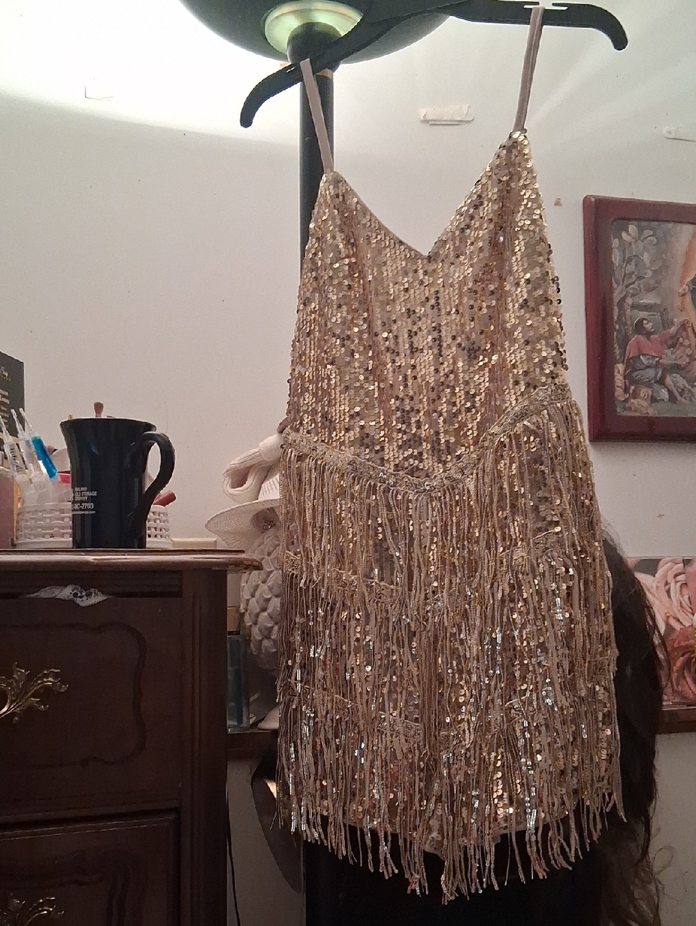 Backless Sequin Fringe Party Dress - Gold